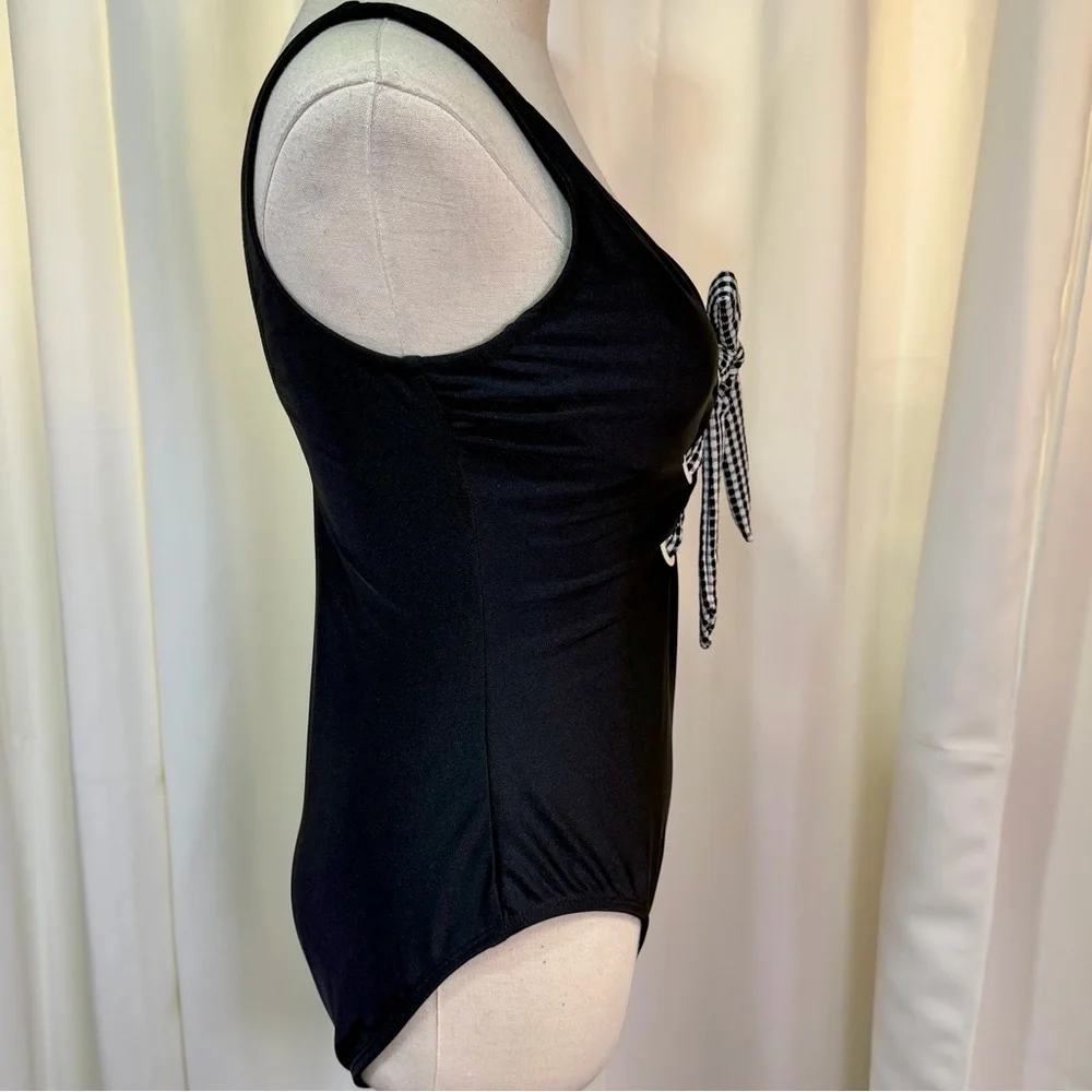 NWT Shoshanna Black One-Piece Checkered Gingham Lace-Up Bust Swimsuit Size 6